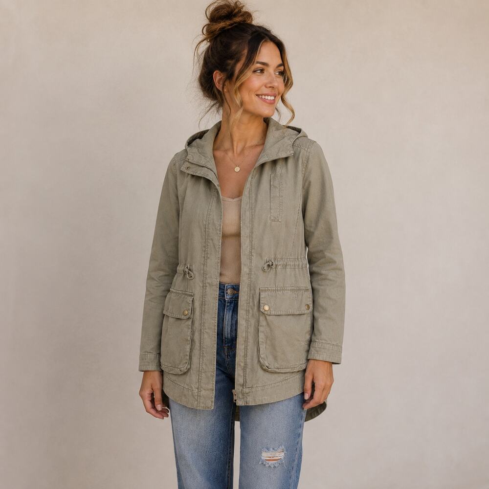 Be Cool Women's Small Olive Utility Jacket Hooded Field Anorak Military Gorpcore